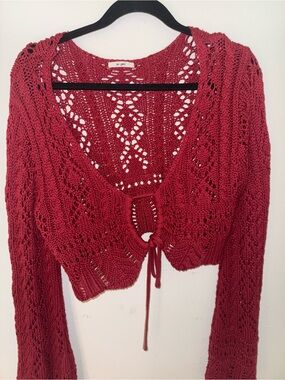 miami Red Crochet Tie-Front Cropped Cardigan